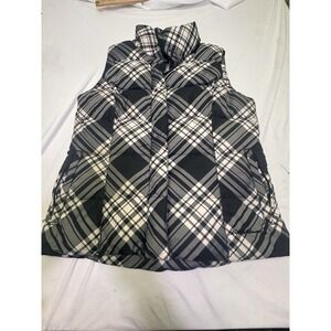 EDDIE BAUER Goose Down Puffer Vest Women's S Black White Plaid Full Zip Ladies